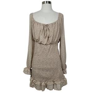 Vine and Valley Beige White Floral Off the Shoulder Shirred Ruffle Dress Size XL
